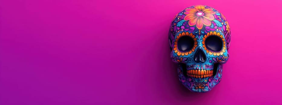 Sugar Skull on vibrant magenta background with copy space. Day of the Dead concept.