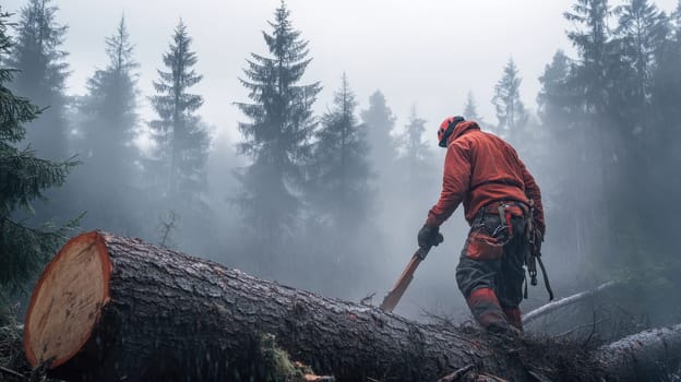 Logger with axe in misty forest. Concept of forestry, logging industry, and wood harvesting.
