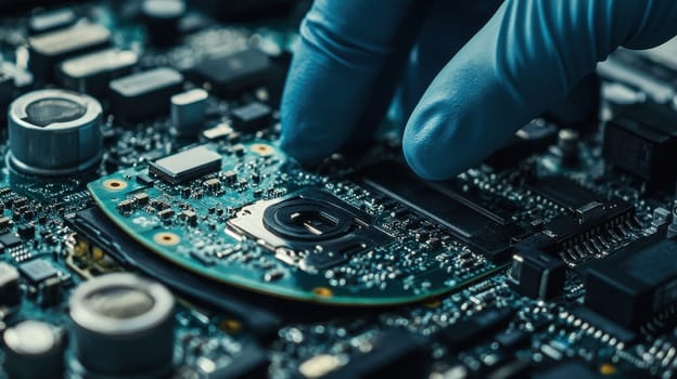 Close up of a gloved hand working on a computer motherboard.