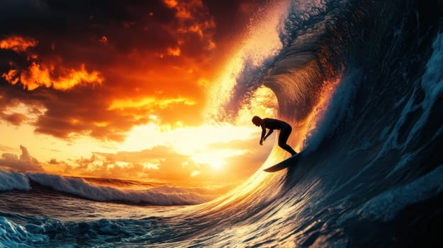 Surfer riding a wave at sunset. Concept of adventure, sport, freedom