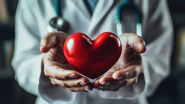 Doctor holding a red heart, concept of cardiology and cardiovascular health
