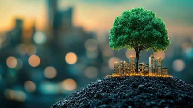 Green city concept. Miniature buildings with a tree on a mound of soil against a city skyline backdrop. 