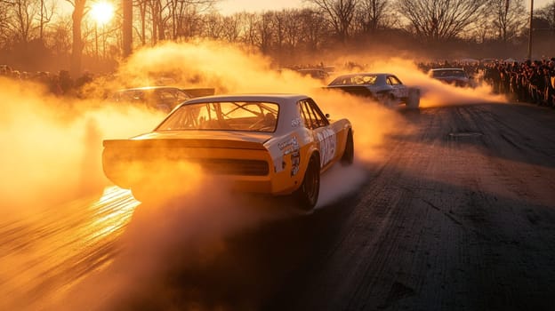 Powerful sports cars race through city streets at sunset, leaving a trail of smoke, thrilling spectators with high speed action