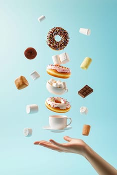 Hand reaching for delicious donuts and sweets, frozen mid air against a vibrant blue backdrop, perfect for showcasing sweet treats and desserts