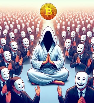 A man in a mask holding a Bitcoin coin. The man is surrounded by other people in masks