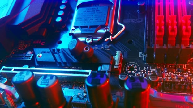 Electronic components and circuits of a motherboard glowing in red and blue light, creating a futuristic and technological atmosphere