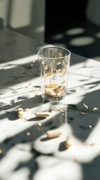 Glass of pills on a white marble table with gold confetti, bathed in morning light, exuding luxury and elegance. Bright and inviting, symbolizing health and wellness