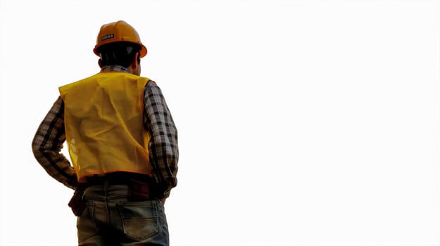 A construction worker wearing a hard hat and reflective vest stands with his back turned, looking out over a construction site at dawn. He appears focused and vigilant - Generative AI