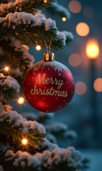 A vibrant red ornament inscribed with Merry Christmas hangs delicately on a snow-covered tree branch, illuminated by soft, warm lights, creating a joyful winter ambiance - Generative AI