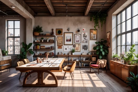 A large wooden table is set up in a spacious room. The table is covered with papers, books, and other materials for a creative project. The room has a large window - Generative AI