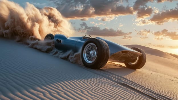 A vintage racing car speeding through sandy dunes, kicking up dust against a backdrop of a dramatic sunset with clouds. The car's sleek design and shiny wheels contrast with the soft sand.
