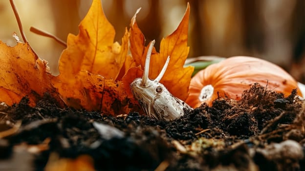 Small plastic triceratops dinosaur toy is hiding in the garden soil near a pumpkin and autumn leaves