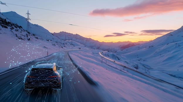Autonomous self driving vehicle driving on a snowy mountain road at sunset with a head up display showing a digital map
