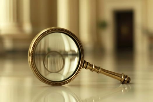 Detailed close up of a magnifying glass isolated on a bright, clean white background