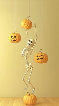 3d rendering of a human skeleton jumping for joy while holding pumpkins in the air as autumn leaves fall to the ground