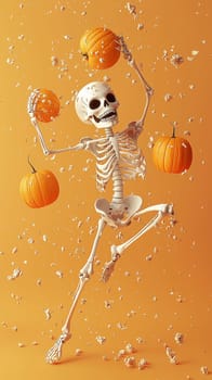 Skeleton is playfully juggling pumpkins in the air, capturing the festive spirit of halloween with an orange background and scattered white petals