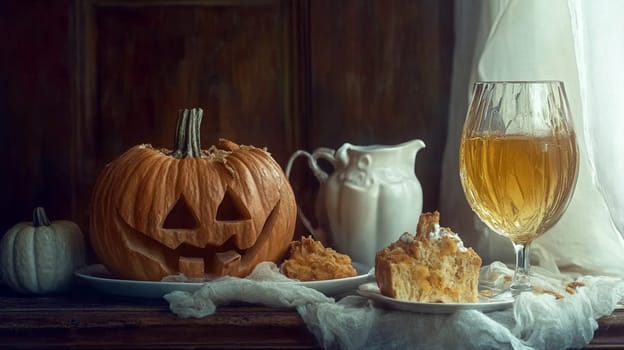 A pumpkin with a scary face carved into it sits on a table next to a plate of food and a glass of wine