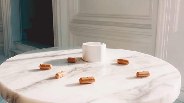 Several capsules containing dietary supplements are lying on a marble table next to their container, bathed in sunlight coming through a window