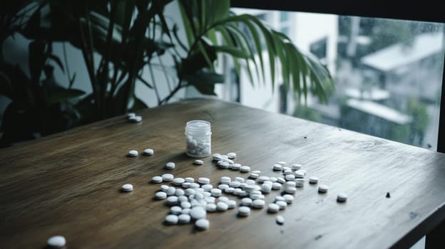 Prescription pills scattered on wooden table at home, spilled from container, symbolizing health, illness, and treatment