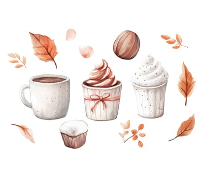 The artwork showcases a collection of autumn-inspired beverages and desserts, including mugs of hot chocolate, cupcakes, and colorful leaves, evoking a cozy fall atmosphere.