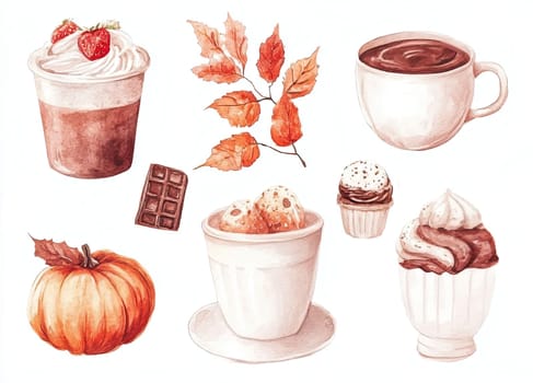 The artwork showcases a collection of autumn-inspired beverages and desserts, including mugs of hot chocolate, cupcakes, and colorful leaves, evoking a cozy fall atmosphere.