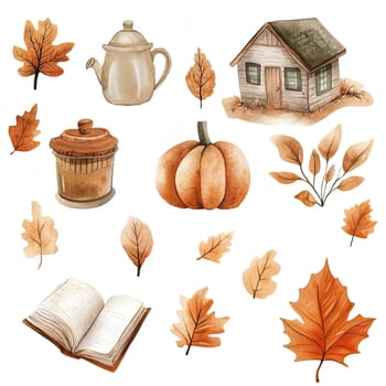 A warm knitted sweater, orange scarf, beanie, and stylish boots are arranged with autumn leaves, conveying a cozy fall vibe perfect for cooler weather.