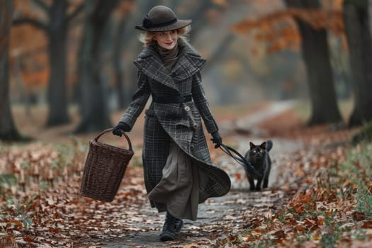 A woman in elegant clothes walks through the forest with a cat