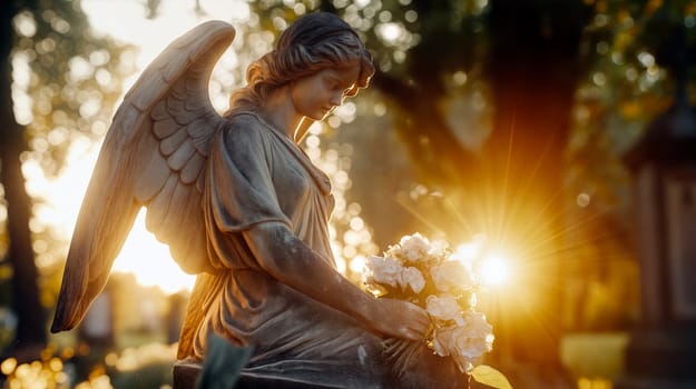 A beautiful angel statue gently cradles a bouquet of flowers, bathed in the warm glow of the setting sun, creating a serene and peaceful atmosphere in the cemetery garden - Generative AI