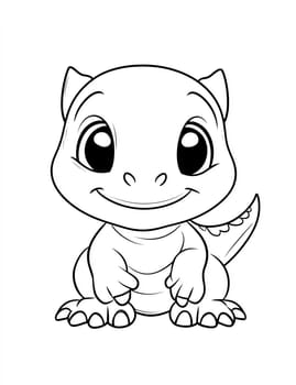 A cute cartoon drawing of a small dinosaur with a smile on its face. The dinosaur is sitting on its hind legs and looking up at the camera
