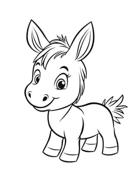 A cute little donkey with a big smile on its face. The donkey is standing in a white background