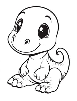 A cute cartoon dinosaur is sitting on its hind legs. It has a smile on its face and looks happy
