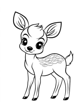 A cute little deer with big eyes and a pink nose. It is standing in front of a white background
