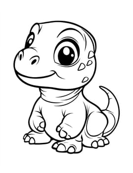 A cute cartoon dinosaur is sitting on a white background. The dinosaur has a big smile on its face and is looking at the camera