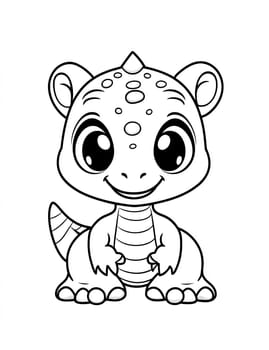 A cute cartoon dinosaur with a big smile on its face. The dinosaur is sitting on its hind legs and looking at the camera