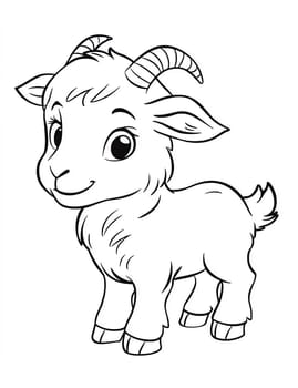 A cute little goat with horns is standing in a white background. The goat has a big smile on its face, making it look happy and friendly