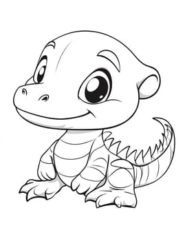 A cartoon drawing of a small, smiling dinosaur. The dinosaur is sitting on its hind legs and has a happy expression