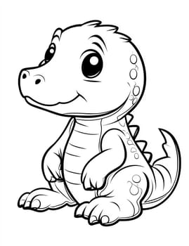 A cute cartoon dinosaur is sitting on its hind legs. It has a big smile on its face