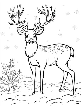 A deer with antlers stands in a snowy field. The image has a peaceful and serene mood, as the deer is alone and surrounded by nature