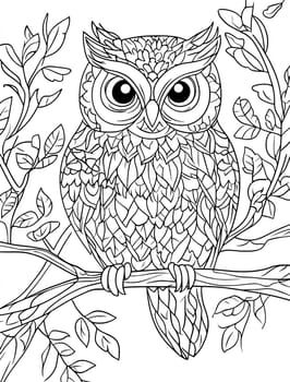 A cute owl is sitting on a branch in a tree. The owl has a big, curious look on its face. The image is of a nature scene, with leaves and branches visible in the background