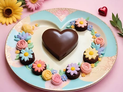 Artful Confectionery.Chocolate Heart with Fondant Flowers.A captivating display of confectionery craftsmanship featuring a glossy chocolate heart centerpiece surrounded by intricately crafted fondant flowers in soft pastel hues. Perfect for illustrating themes of romance, culinary art, or festive celebrations.