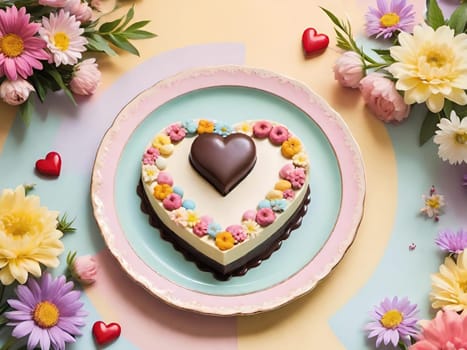 Artful Confectionery.Chocolate Heart with Fondant Flowers.A captivating display of confectionery craftsmanship featuring a glossy chocolate heart centerpiece surrounded by intricately crafted fondant flowers in soft pastel hues. Perfect for illustrating themes of romance, culinary art, or festive celebrations.
