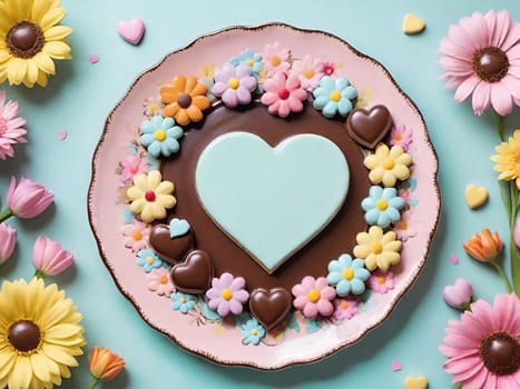 Artful Confectionery.Chocolate Heart with Fondant Flowers.A captivating display of confectionery craftsmanship featuring a glossy chocolate heart centerpiece surrounded by intricately crafted fondant flowers in soft pastel hues. Perfect for illustrating themes of romance, culinary art, or festive celebrations.