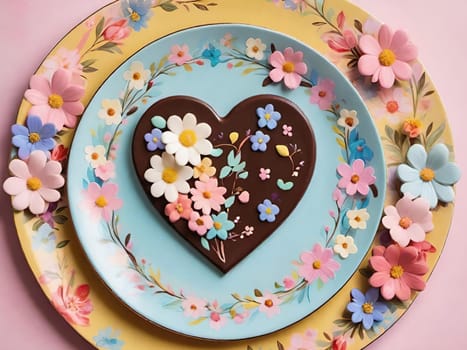 Artful Confectionery.Chocolate Heart with Fondant Flowers.A captivating display of confectionery craftsmanship featuring a glossy chocolate heart centerpiece surrounded by intricately crafted fondant flowers in soft pastel hues. Perfect for illustrating themes of romance, culinary art, or festive celebrations.