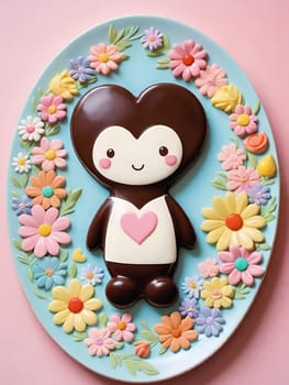 Artful Confectionery.Chocolate Heart with Fondant Flowers.A captivating display of confectionery craftsmanship featuring a glossy chocolate heart centerpiece surrounded by intricately crafted fondant flowers in soft pastel hues. Perfect for illustrating themes of romance, culinary art, or festive celebrations.