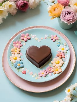 Artful Confectionery.Chocolate Heart with Fondant Flowers.A captivating display of confectionery craftsmanship featuring a glossy chocolate heart centerpiece surrounded by intricately crafted fondant flowers in soft pastel hues. Perfect for illustrating themes of romance, culinary art, or festive celebrations.