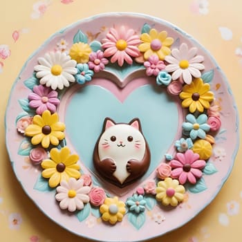 Artful Confectionery.Chocolate Heart with Fondant Flowers.A captivating display of confectionery craftsmanship featuring a glossy chocolate heart centerpiece surrounded by intricately crafted fondant flowers in soft pastel hues. Perfect for illustrating themes of romance, culinary art, or festive celebrations.