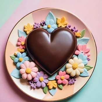 Artful Confectionery.Chocolate Heart with Fondant Flowers.A captivating display of confectionery craftsmanship featuring a glossy chocolate heart centerpiece surrounded by intricately crafted fondant flowers in soft pastel hues. Perfect for illustrating themes of romance, culinary art, or festive celebrations.