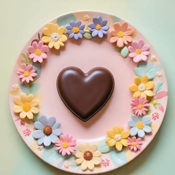 Artful Confectionery.Chocolate Heart with Fondant Flowers.A captivating display of confectionery craftsmanship featuring a glossy chocolate heart centerpiece surrounded by intricately crafted fondant flowers in soft pastel hues. Perfect for illustrating themes of romance, culinary art, or festive celebrations.