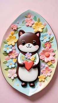 Artful Confectionery.Chocolate Heart with Fondant Flowers.A captivating display of confectionery craftsmanship featuring a glossy chocolate heart centerpiece surrounded by intricately crafted fondant flowers in soft pastel hues. Perfect for illustrating themes of romance, culinary art, or festive celebrations.