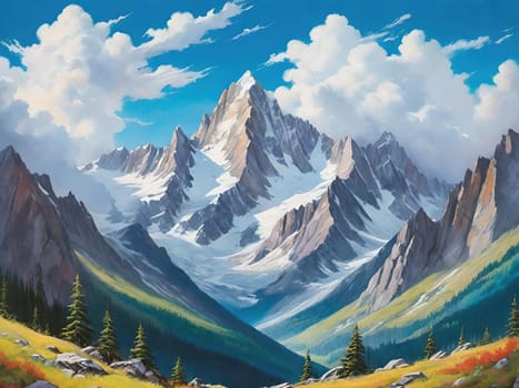 Majestic Mountain Peaks and Serene Valley.A breathtaking digital painting showcasing the grandeur of towering mountains with sharp peaks reaching towards a clear blue sky adorned with wispy clouds. The serene valley below basks in the warmth of sunlight filtering through the mountains, highlighting the wild grasses that sway gently in the breeze. Perfect for conveying themes of natural splendor, exploration, or as an inspiring backdrop.